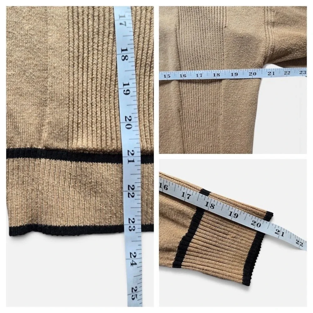 Verve Ami Tan Open Front Cardigan Black Trim Women M Ribbed Fine Knit Pockets